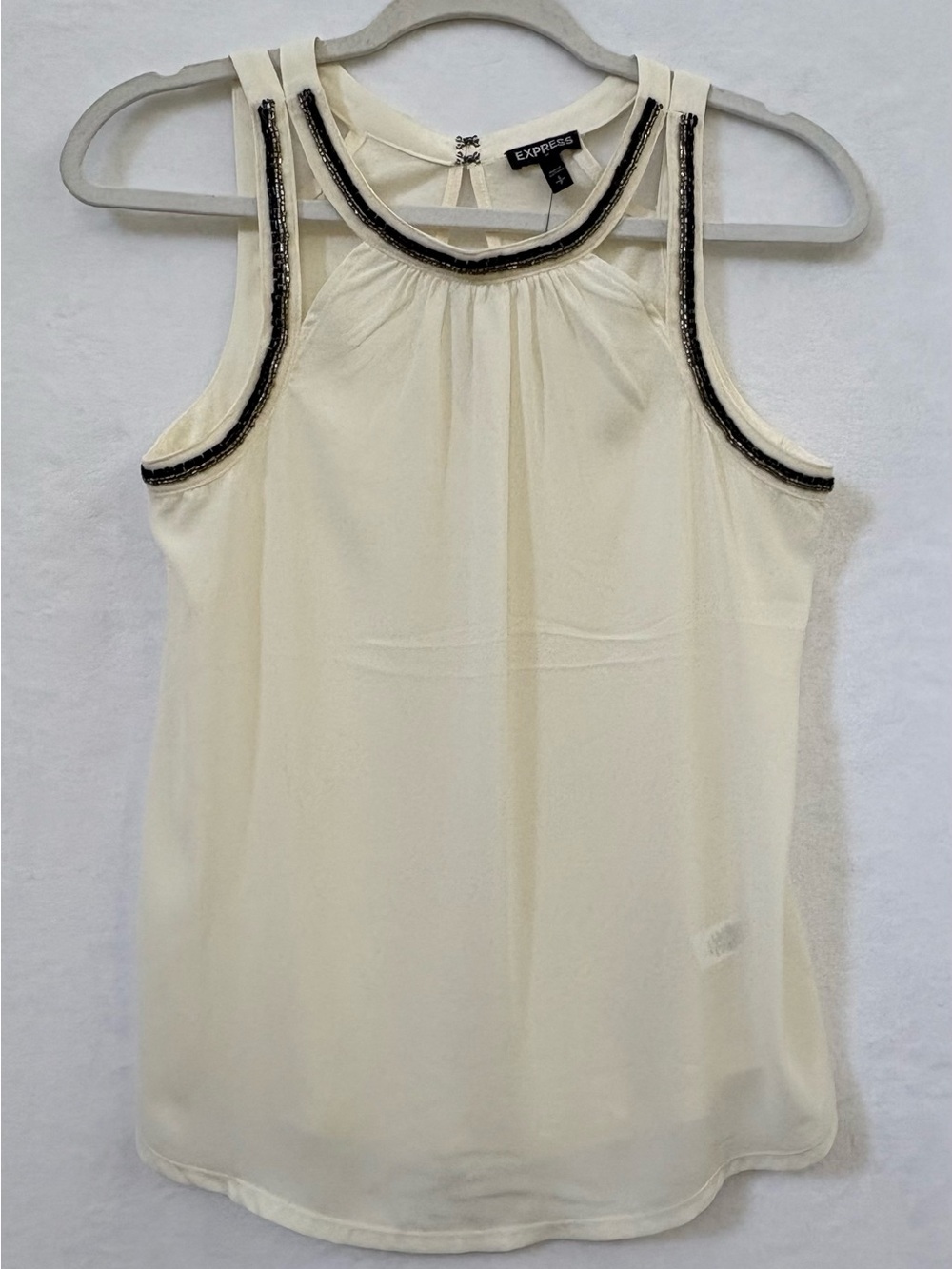 Express Off White/Cream Sleeveless Top with Black Beaded Trim
